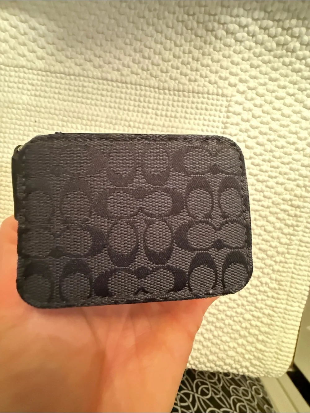 Coach Black Signature Small travel pill case. Canvas and patent leather trim.